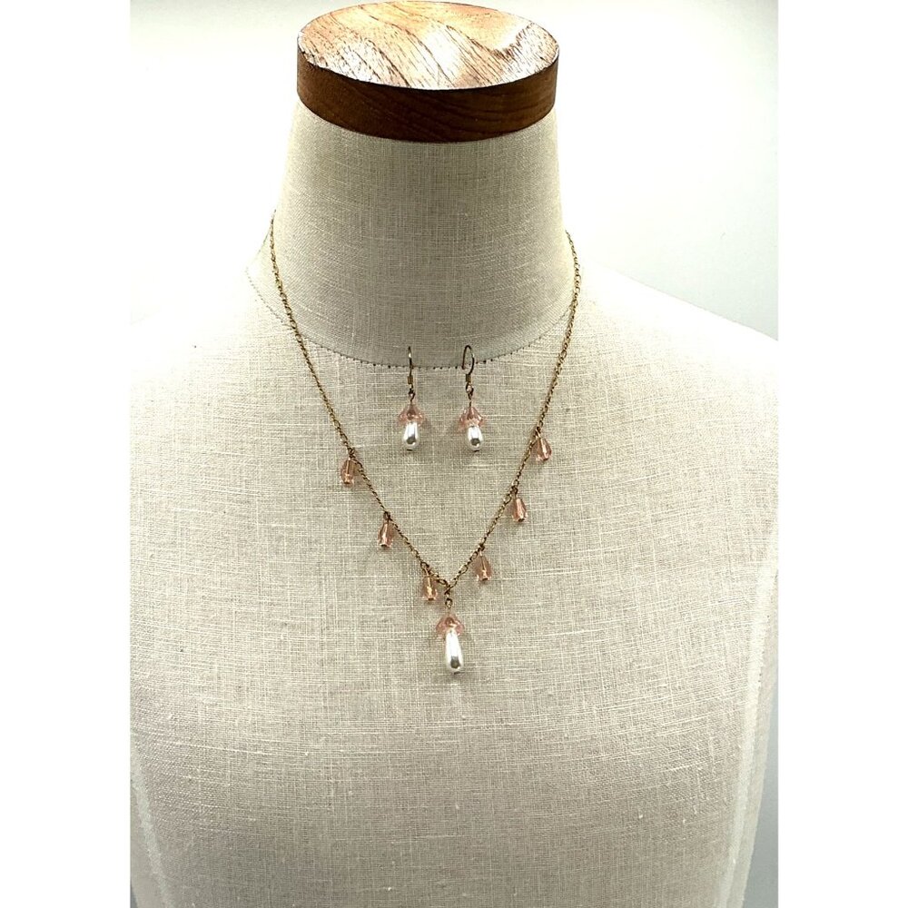 Pink Crystal and Faux Pearl Drops Gold tone 14ktGF Necklace and Earrings Set Wit